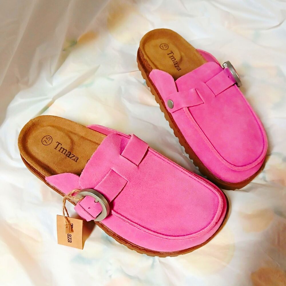 Tmaza Women’s Pink Leather Slip-On Clogs US 7.5 Buckle Comfort Cushioned